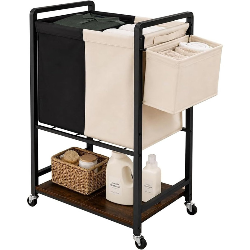 Panier à linge à roulettes avec 2 sacs amovibles, panier de rangement latéral et tablette inférieure, chariot de tri du linge roulant, organisateur gain de place pour la buanderie