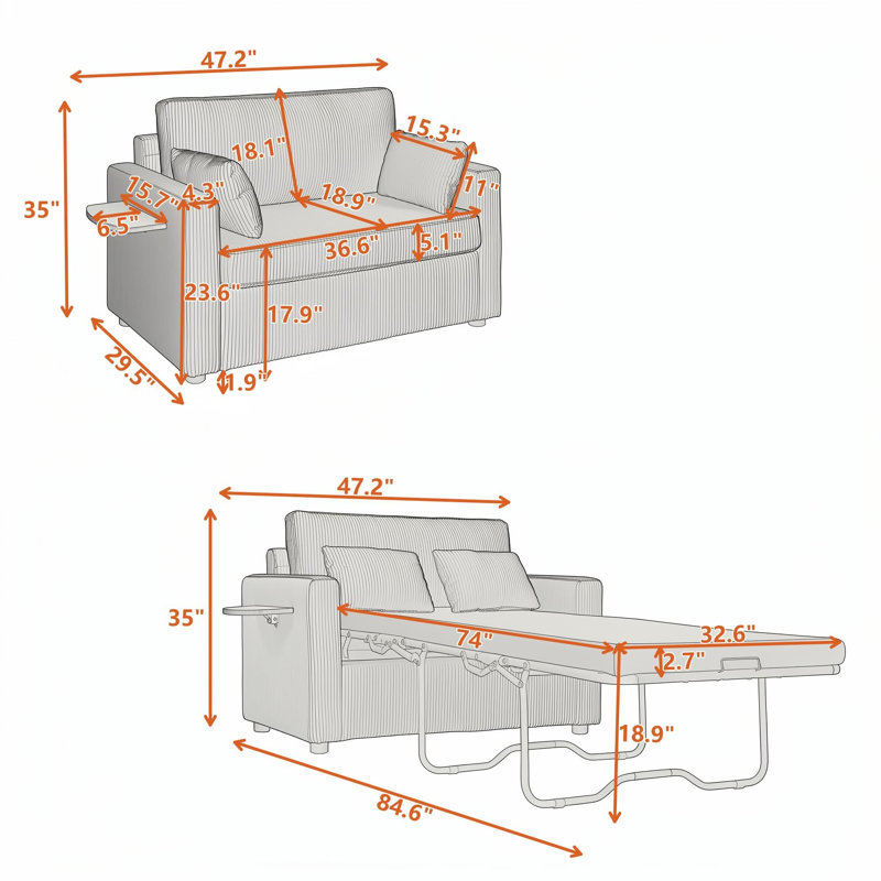 Canapé deux places avec table d'appoint pliante et ports de chargement, Gris