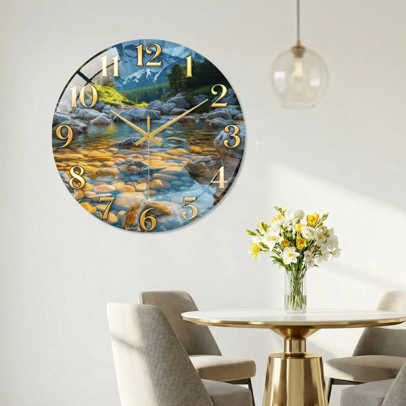 "Mountain Stream", horloge murale en verre, 40 x 40 cm (15,7 x 15,7 pouces)