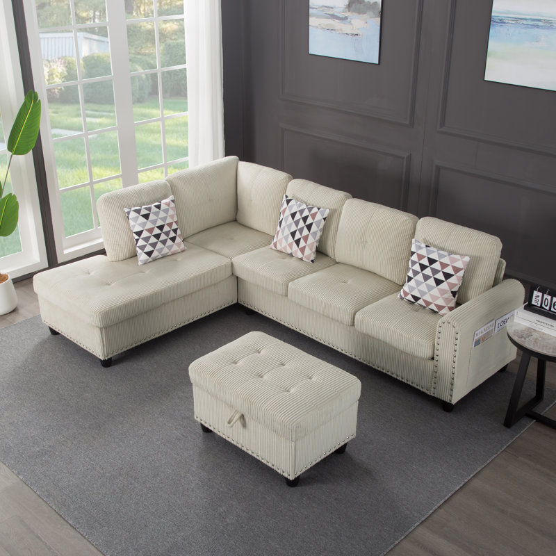 3 - Piece Upholstered Sectional, Beige Corduroy