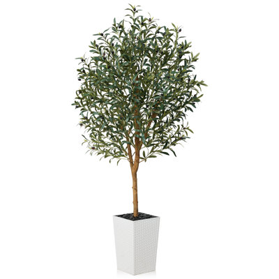 Adcock Artificial Olive Tree with Decorative Pot, UV Resistant Faux Olive Tree with Natural Trunk