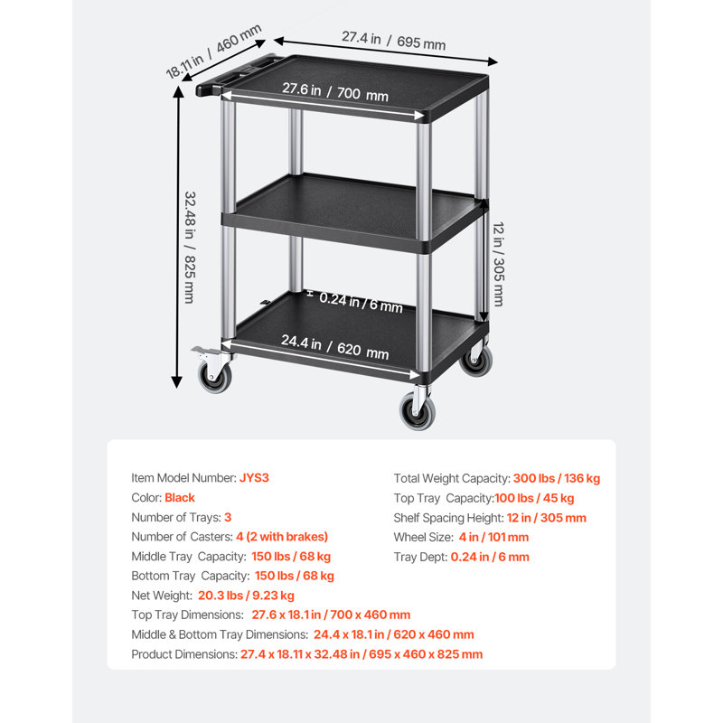 Chariot utilitaire, capacité de charge de 136 kg, chariot de service de 70 x 46 cm, chariot utilitaire robuste en plastique à trois étagères avec roues pivotantes à 360° (dont 2 avec freins), garage, nettoyage, convient pour entrepôt