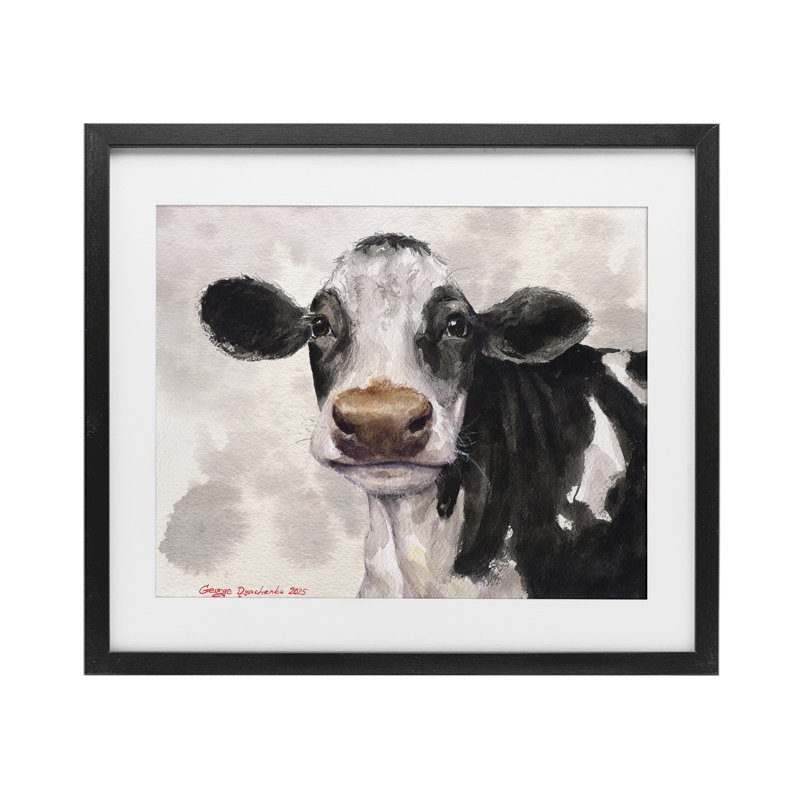 Jolie vache avec fond abstrait, reproduction sous verre, conception de George Dyachenko, H 13 po x l 16 po, Cadre noir minuit
