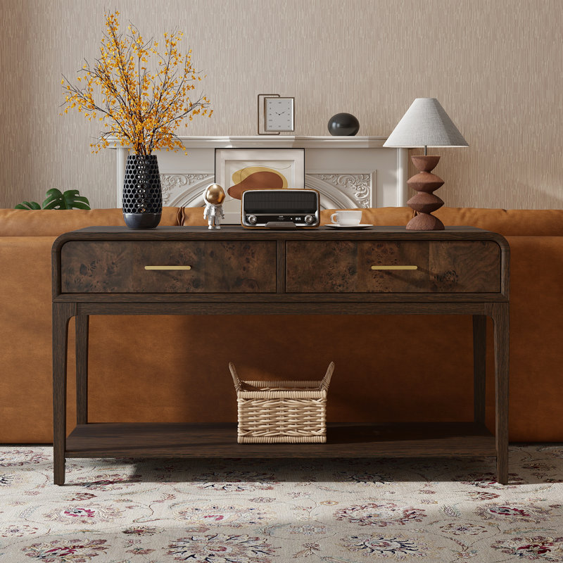Mid-century Modern Wood Console Table Burl Veneer Oak Finish Sofa Table Entryway Table With Drawer, Coffee Oak