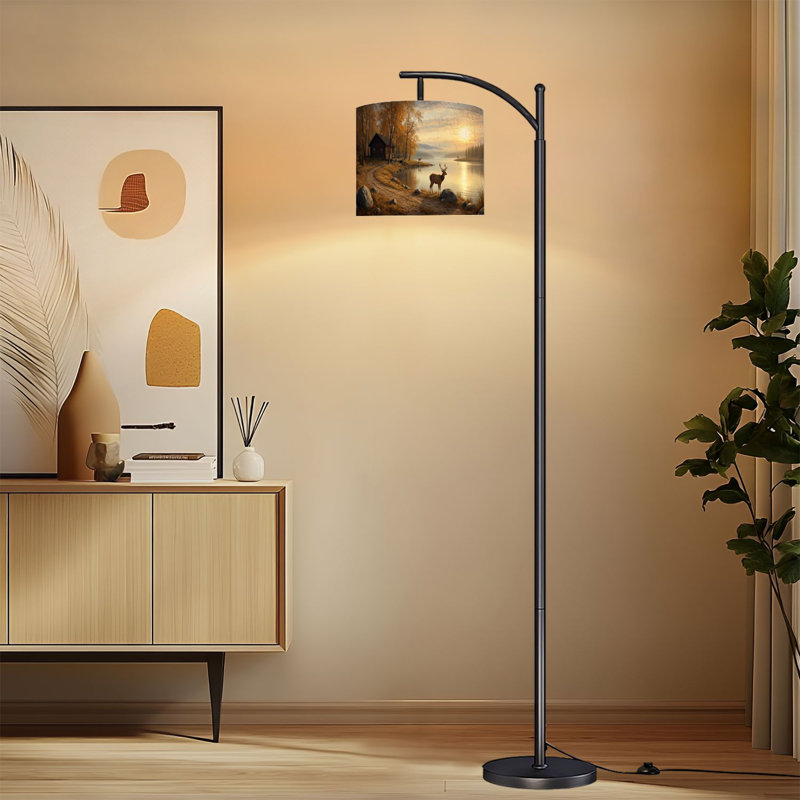 Lampe sur pied à arc avec abat-jour réglable cerf automne forêt rustique chalet animal de compagnie chasse aux élans sur pied