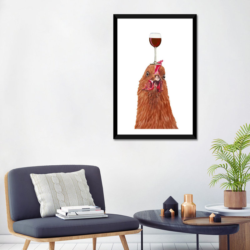 Poule avec verre à vin par Coco de Paris - reproduction d'art, H 32 po x l 24 po x P 1 po, Papier encadré noir, Blanc