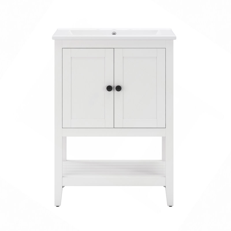 Lavabo de salle de bain moderne et élégant avec lavabo en céramique et structure ouverte en bois massif, Blanc, 24"