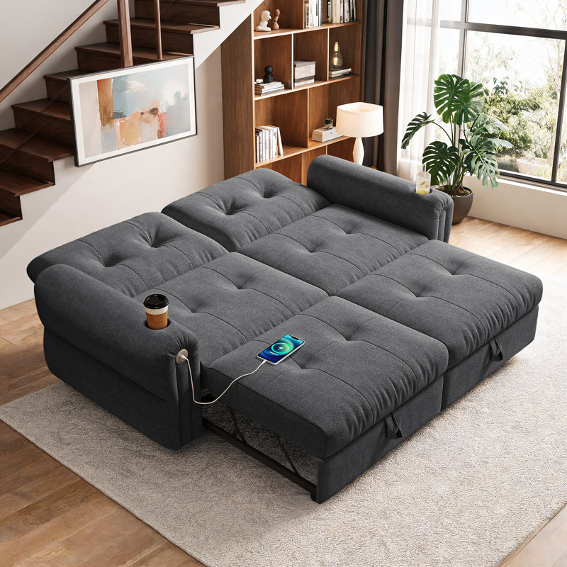 Canapé-lit convertible multifonctionnel en chenille de 77 po avec ports de chargement USB - Canapé-lit en chenille doux pour le salon