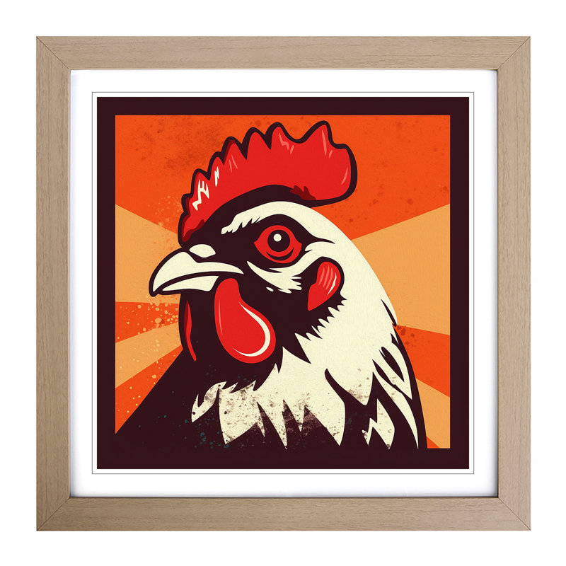 Chicken Retro - Single Picture Frame Print on Wood, Oak