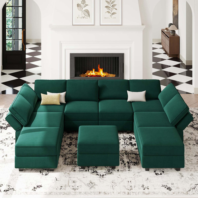 Wylodene 116.6'' Variable Module Velvet Sofa Bed Sectional U Shape Couch with Storage Seat Ottoman, Green Velvet