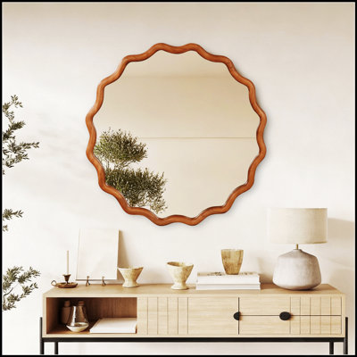 Wavy Round Solid Wood Frame Decorative Mirror, Perfect For Enhancing Any Room With Elegance And Functionality