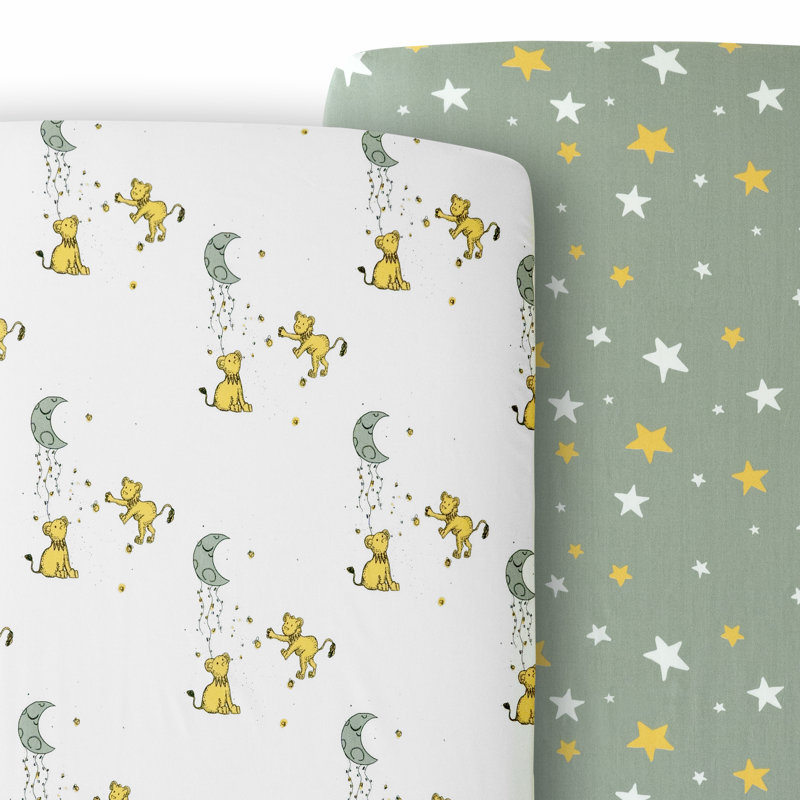 JumpOff Jo - Paquet de 2 draps-housses pour lit de bébé, drap de lit de bébé 100% coton super doux et respirant pour matelas de lit de bébé standard et lits pour tout-petits, 28 po x 52 po - Lions et étoiles