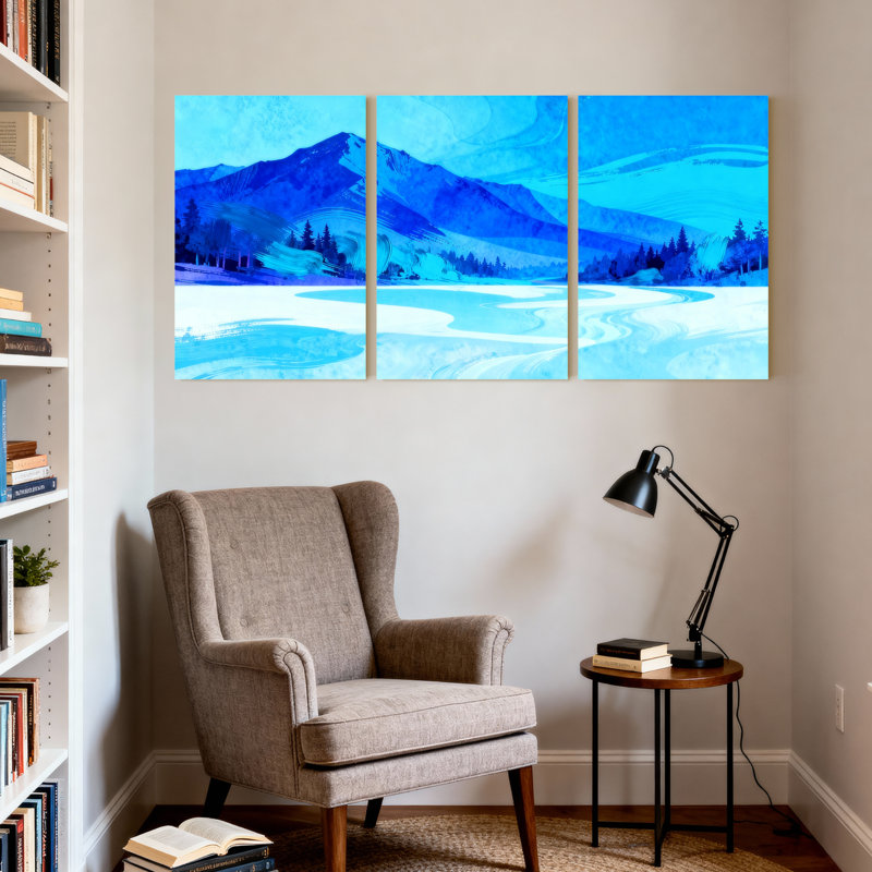 Scénario et paysages urbains, paysage de montagne bleue avec reflets de lac, ensemble de 3 impressions sur toile