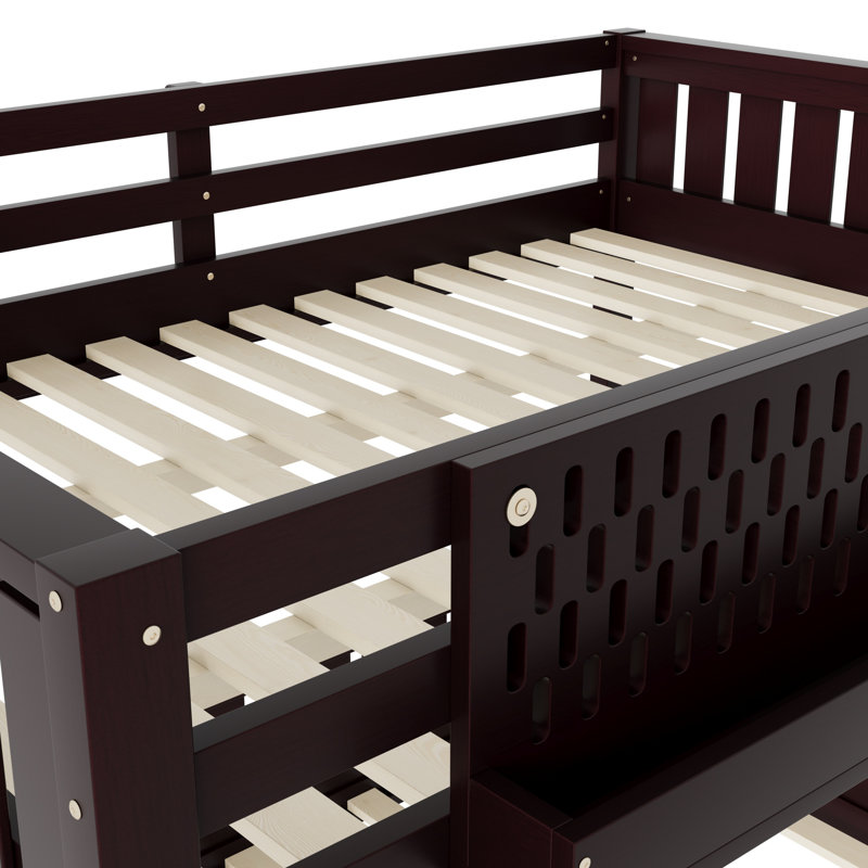 Grand lit superposé en bois massif avec panneau perforé et tablettes, Grand sur grand, Espresso