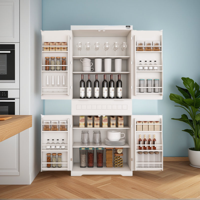 Garde-manger autoportant en panneau de fibres à densité moyenne avec tablettes réglables et 6 supports de porte