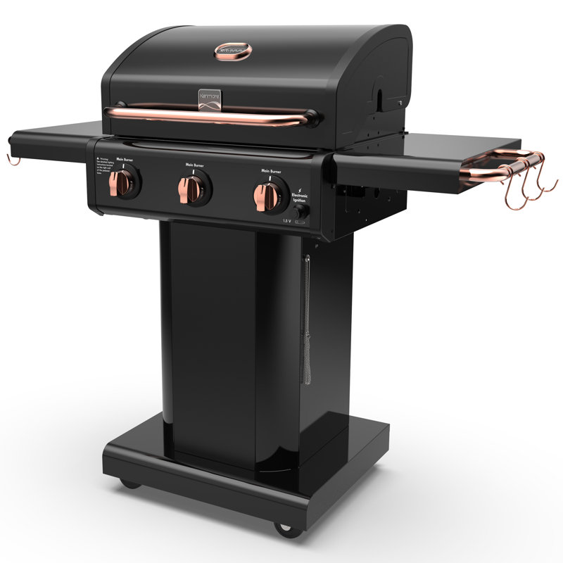 Kenmore 3-Burner Propane Gas Grill with Foldable Side Tables for Outdoor BBQ, Black/Copper