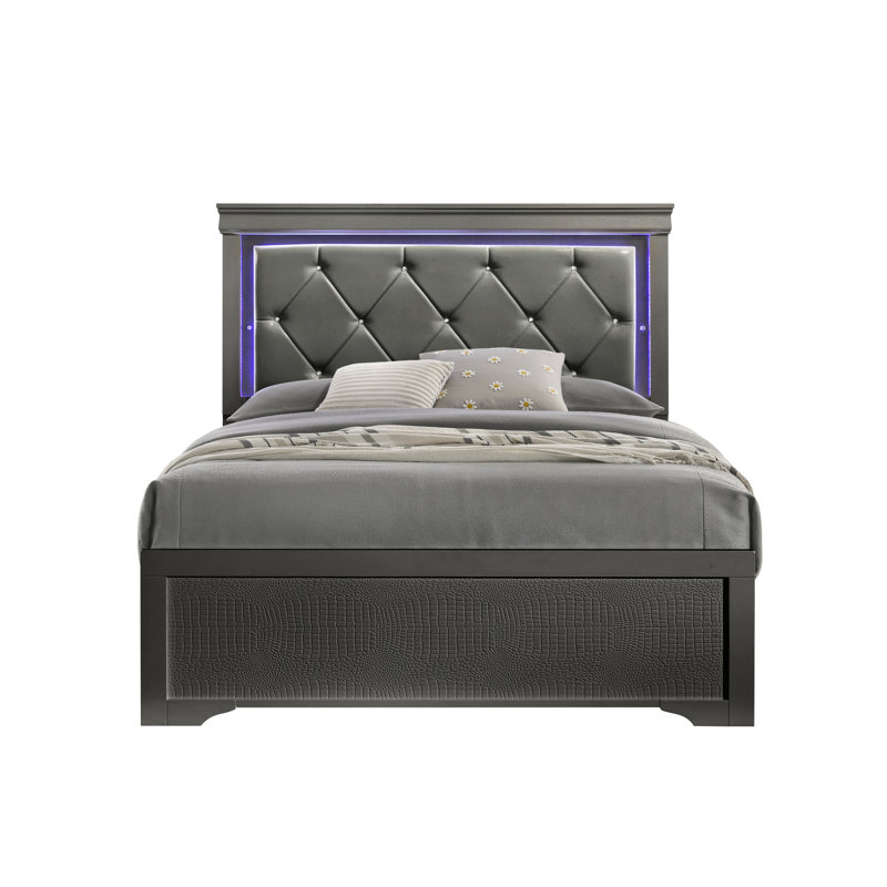 Lit simple gris métallique avec revêtement en similicuir confortable et tête de lit tapissier moderne à DEL, Gris métallisé