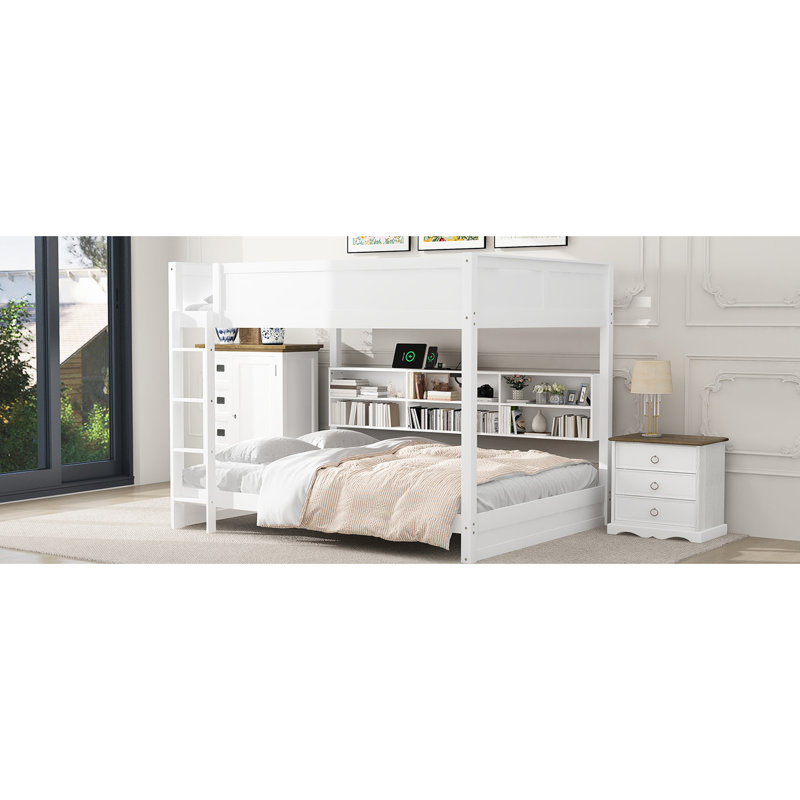 Grand lit superposé au-dessus, blanc - Rangements et prises robustes, White