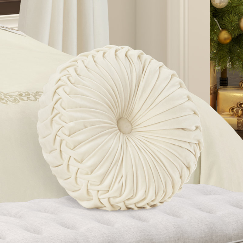Noelle - Winter White Tufted Round Decorative Throw Pillow, Beige, 15" x 15"