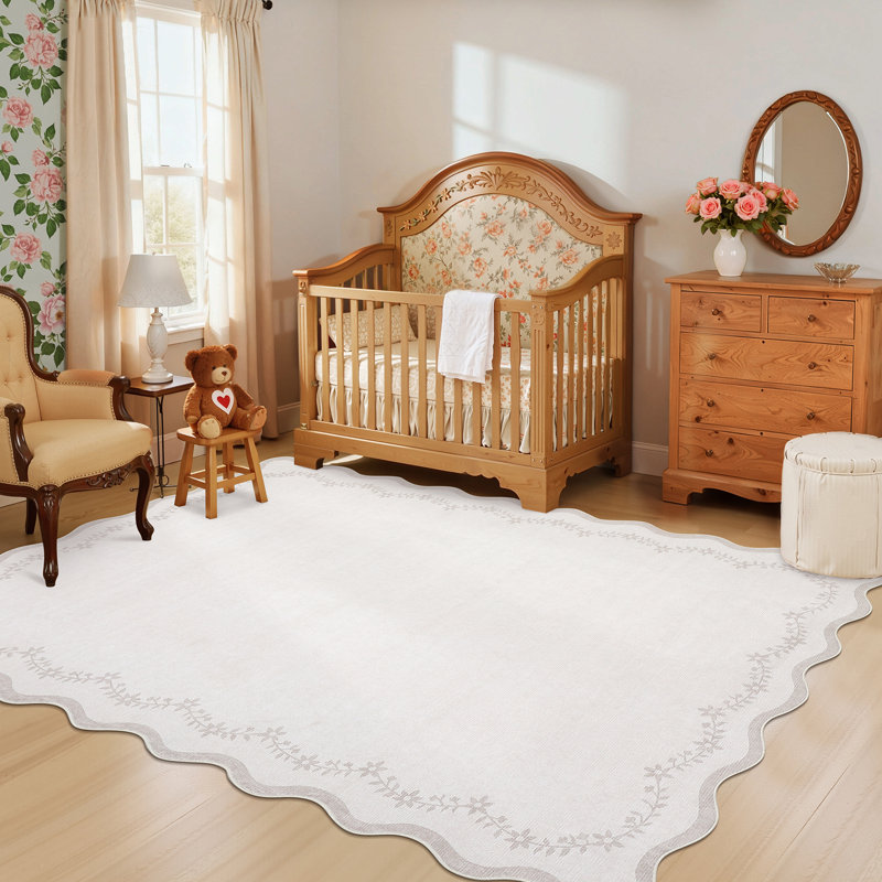 Floral Scalloped Non Slip Washable Area Rug for Living Room Bedroom, Low Pile  Thin Solid Home Decor Carpet, Ivory