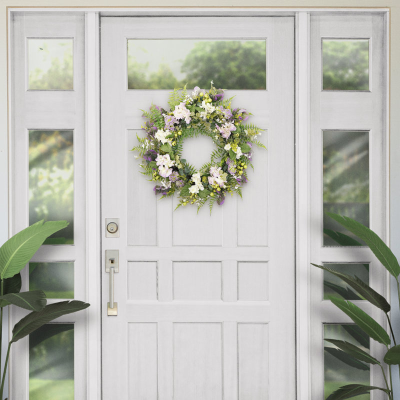 Couronne de porte 30 po à motif floral d'hortensia artificiel, vert / mauve