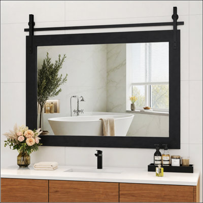 Rustic Wood Framed Wall Mirror with Black Metal Brackets for Farmhouse Bathroom Vanity Decor