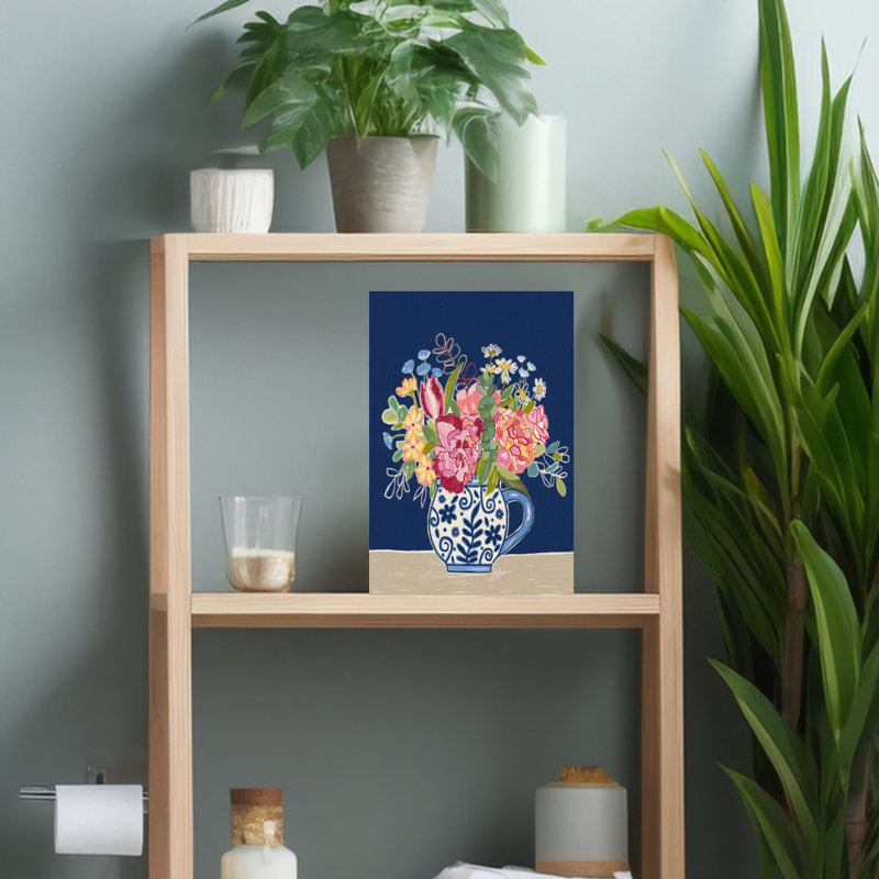 Bleu marine, floral, vase, coloré, élégant, rustique, marguerite, pivoine, tulipe, art mural, 18" H x 12" W