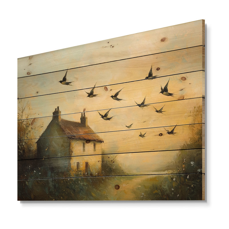 Farmhouse Swallows Brid In The Morning Light II - Bird Wood Wall Art - On Natural Pine Wood, 24" H x 32" W x 0.78" D