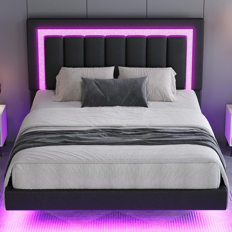 Smart LED Floating Platform Bed with 2-Piece Modern LED Nightstand Set – 3-Piece Illuminated Bedroom Suite, Full, Black