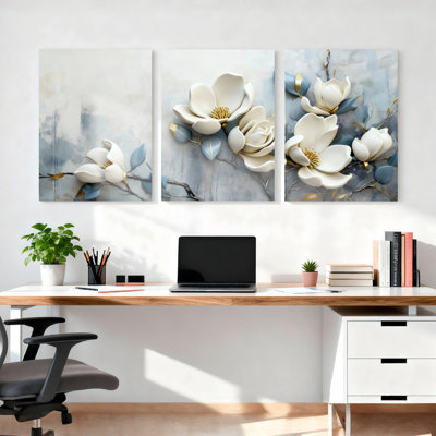 Ensemble de 3 tableaux abstraits sur toile tendue, représentant des fleurs de magnolia blanc, pour la décoration du salon et de la chambre.