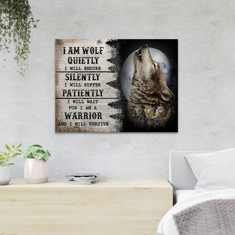 Un loup - «I am Wolf Quietly I Will Endure Silencial I Will Suffer Patly» - 1 pièce, impression sur toile tendue
