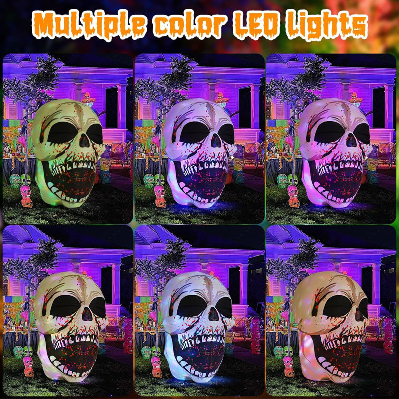 Halloween Inflatable 4 Ft Scary Halloween Inflatables Skull Outdoor Decorations Colorful Dimming Skull With Built-in Magic Leds