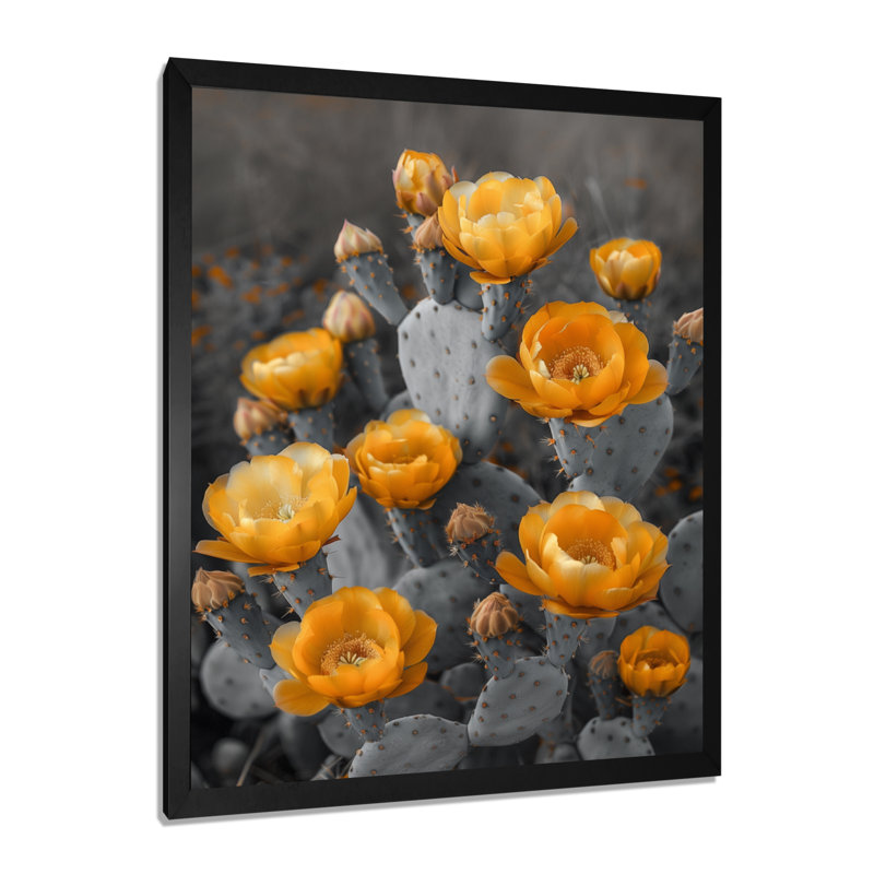 Monochromes jaunes, gris, cactus, fleurs du désert I - impression d'art mural cactus floral, Toile encadrée noire simple