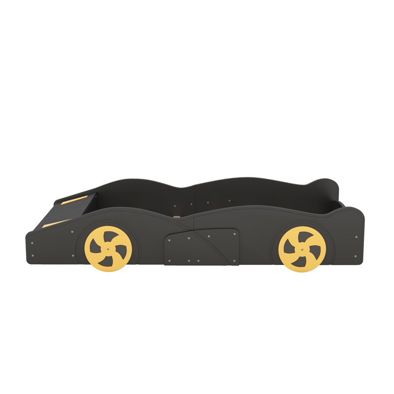 Race Car-Shaped Bed with Storage and Wheels, Solid Pine Wood, Safety Rails, No Box Spring, Black