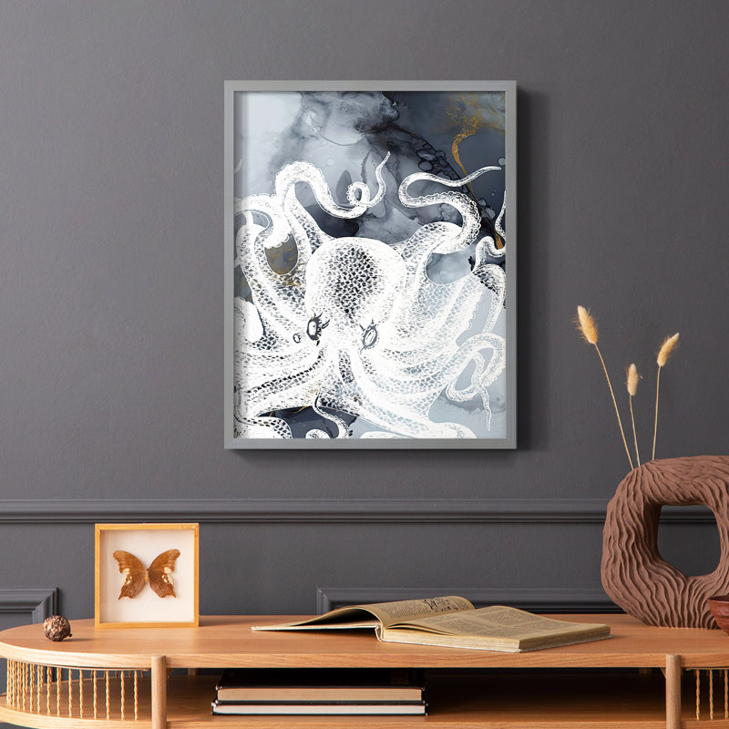 «Octopus Ink II», reproduction encadrée - bois massif, H 10 po x l 8 po, Gris