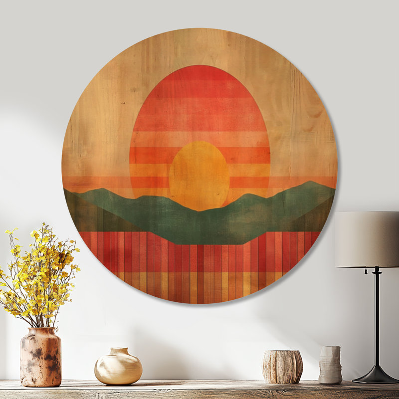Coucher de soleil rayé des années 70 I - art mural en bois rétro, Rond 36 po, Rond