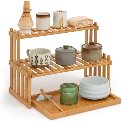 2-Tier Matcha Station Shelf Stand with 13" Bamboo Matcha Tea Serving Tray Coffee Station Organizer Coffee Bar Storage Rack Mug Holder Countertop for Desktop Flower Pot Cup