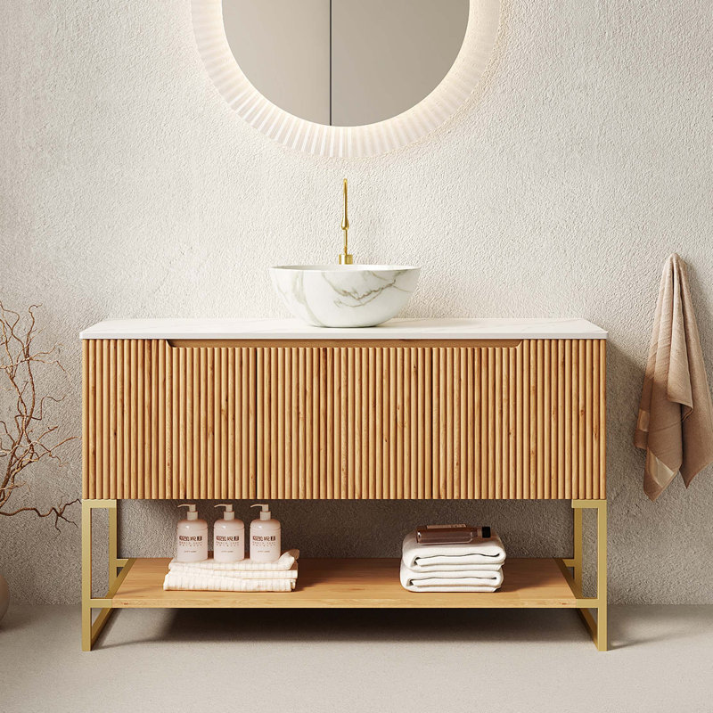 Meuble-lavabo autoportant élégant avec comptoir en pierre frittée et rangement à fermeture en douceur