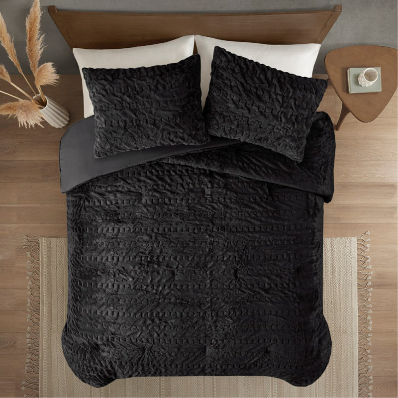 Ensemble d'édredon en duvet synthétique double / grand ruché, Noir, Édredon grand / double + 2 taies décoratives sta
