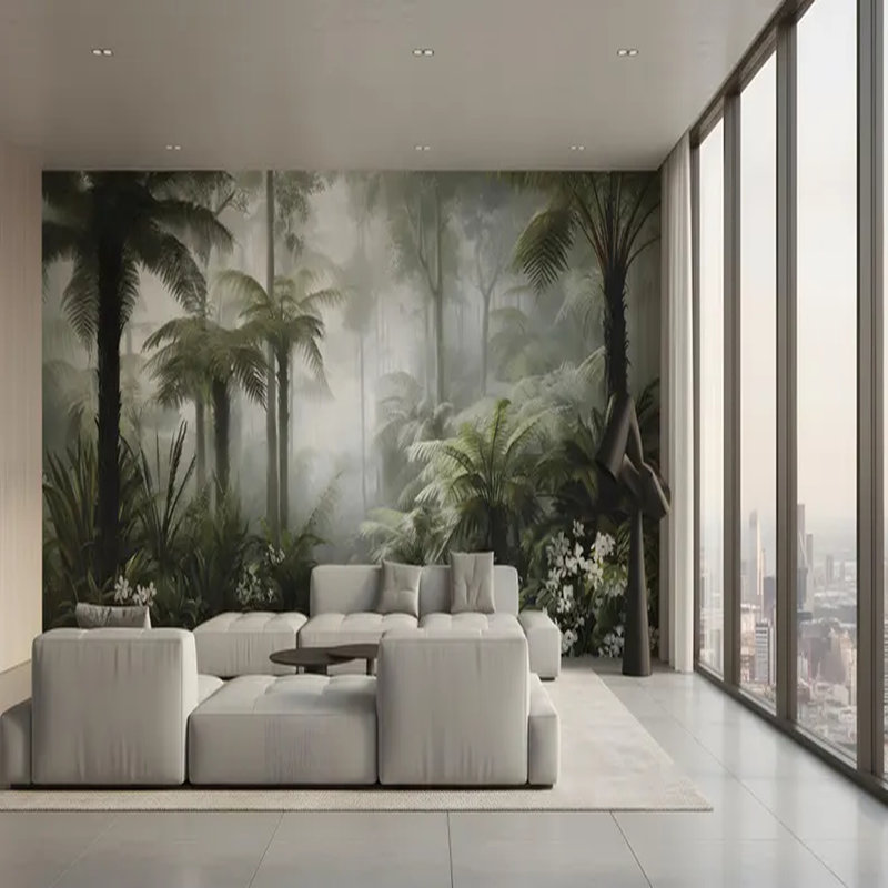 Murale forêt de fougères tropicales brumeuses, L 192 po x l 108 po