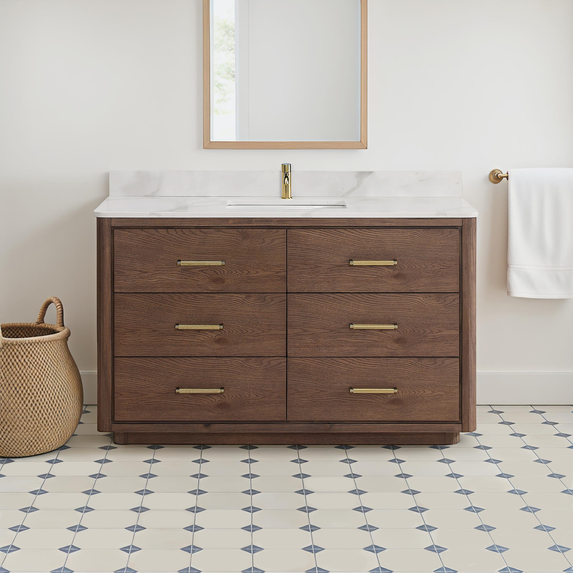Porto 55'' Single Bathroom Vanity, Dark Brown Oak, Gold