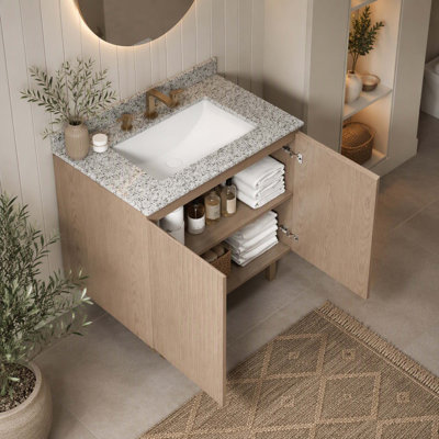 Meuble-lavabo 30 po, meuble autoportant, comptoir en granit naturel et lavabo en céramique avec 3 trous de robinet pré-percés, démonté, sans robinet, ensemble de drain et couvercle d'évier, couleur grain de bois Heidelberg