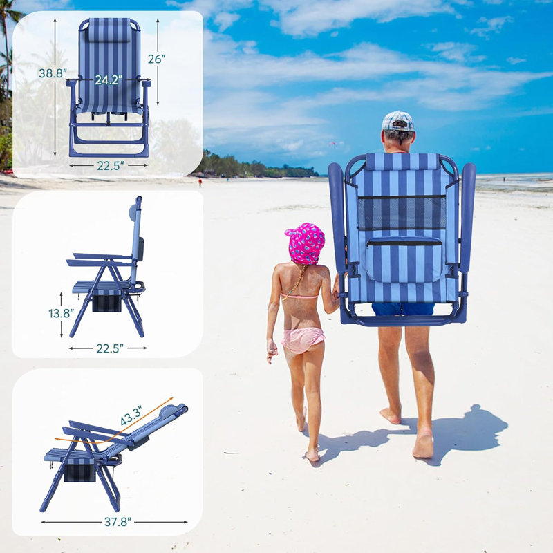 Backpack Beach Chair, 6-Positions Reclining Folding Beach Chair with Cooler Bag and Cup Holder, Navy Blue