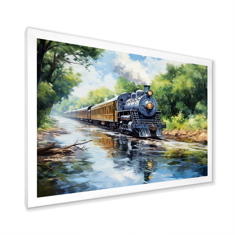 Steamtrain Travelling In The Sunset, peinture - train, art mural, H 34 po x l 44 po x P 1,5 po, Cadre blanc