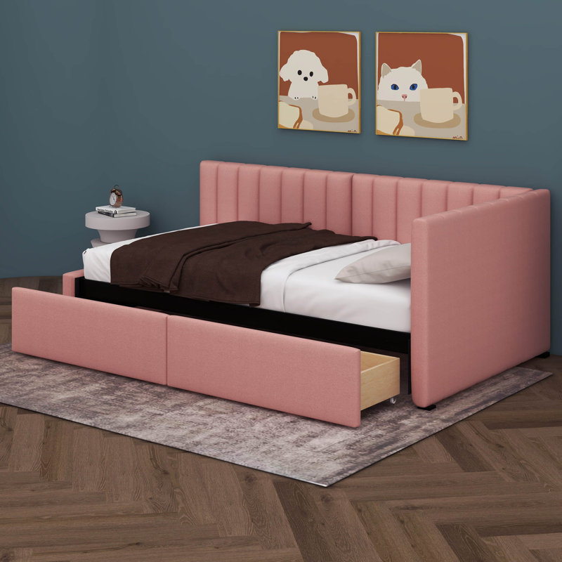 Upholstered Twin Size Sofa Bed Frame With 2 Drawers, Pink