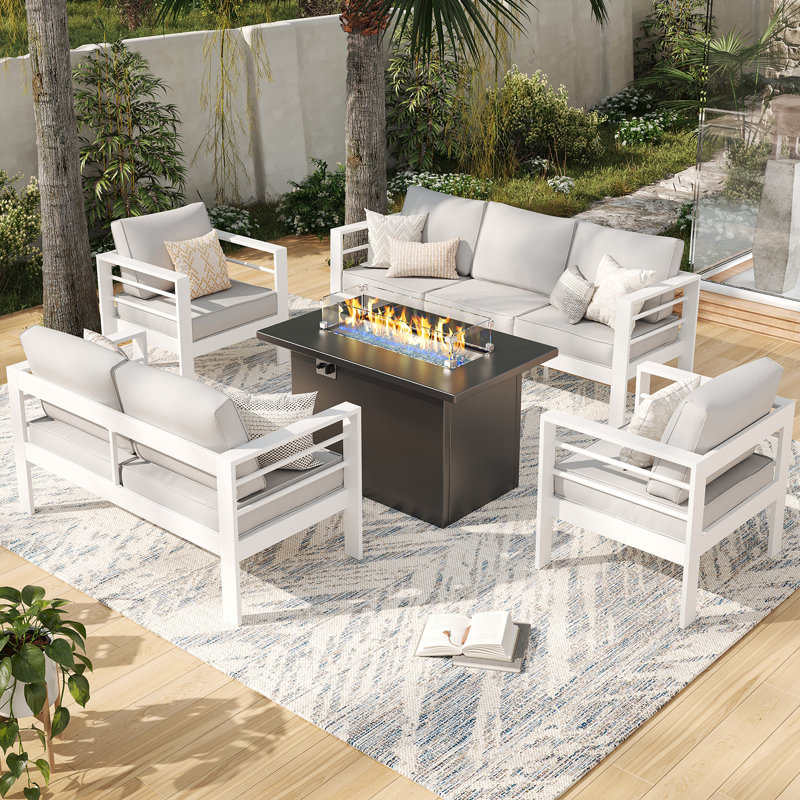 Ensemble de conversation pour 7 personnes avec coussins, Gris clair / blanc 