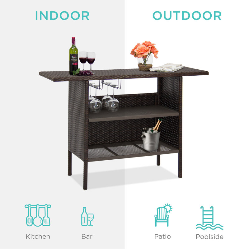 Modern Outdoor Wicker Bar Counter Table with Steel Shelves - Brown