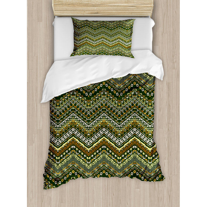 Twin Green and Yellow Chevron Pattern Microfiber Duvet Cover Set