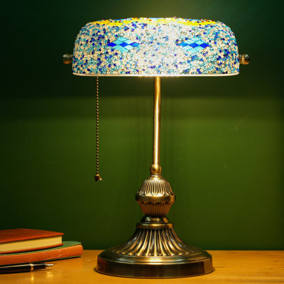 Turkish Mosaic Bankers Desk Lamp with Pull Chain Switch, Vintage-Inspired Desk Lamp with Handcrafted Colorful Mosaic Shade