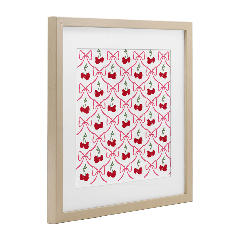 Joli motif de cerises et d'arcs encadrés sous verre, design par Lucille Price, H 16 po x l 16 po, Cadre de récolte en pin